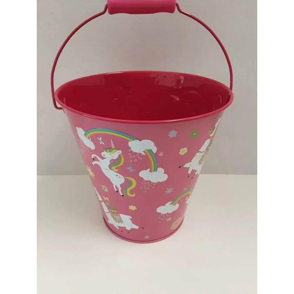 Child Metal Bucket with Plastic Handle Tin Pail Easter Sand Toy Pink Unicorn NEW
